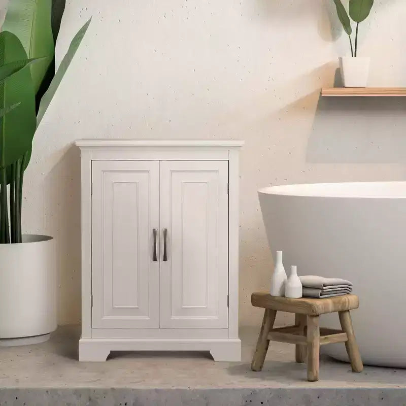 Meuble de rangement autoportant à double porte — MDF blanc, 3 étagères, 81 cm de haut