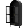 73 Tall Arched Metal Storage Cabinet with Glass Doors & Drawer, Freestanding Modern Pantry Cabinet with Adjustable Shelves, Accent Bookshelf