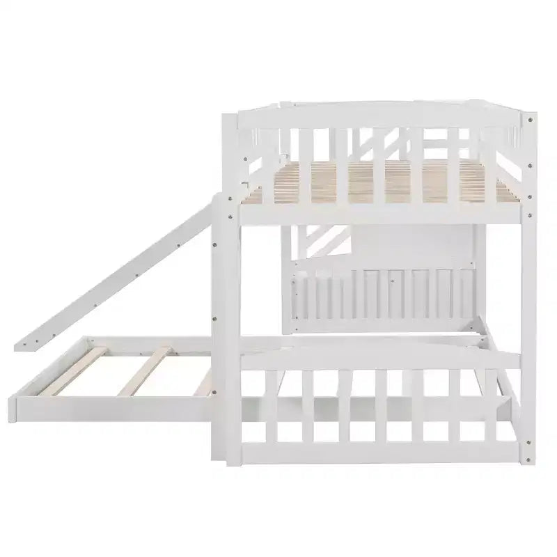 Lit superposé jumeau sur jumeau avec 2 tiroirs, toboggan et escalier de rangement — Blanc/Gris