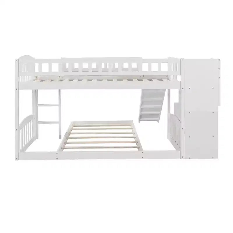 Lit superposé jumeau sur jumeau avec 2 tiroirs, toboggan et escalier de rangement — Blanc/Gris