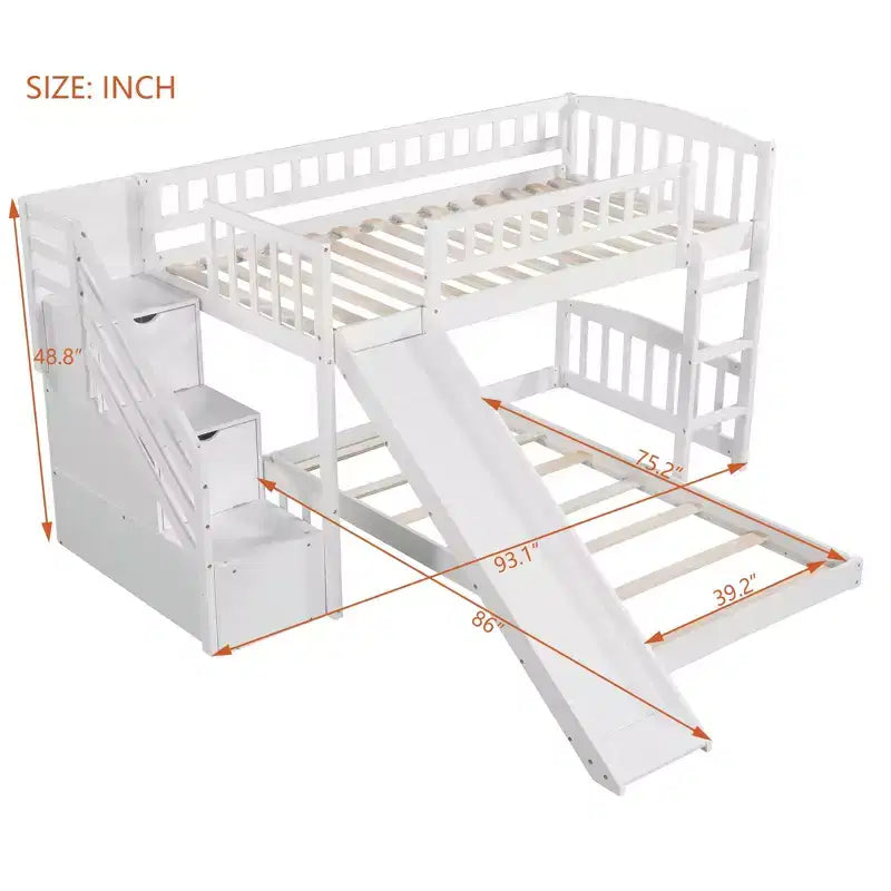 Lit superposé jumeau sur jumeau avec 2 tiroirs, toboggan et escalier de rangement — Blanc/Gris