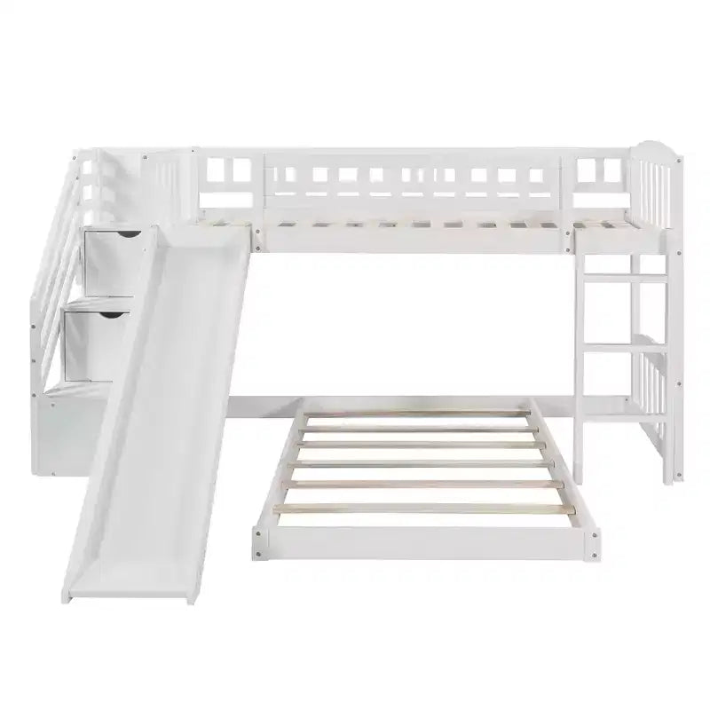 Lit superposé jumeau sur jumeau avec 2 tiroirs, toboggan et escalier de rangement — Blanc/Gris