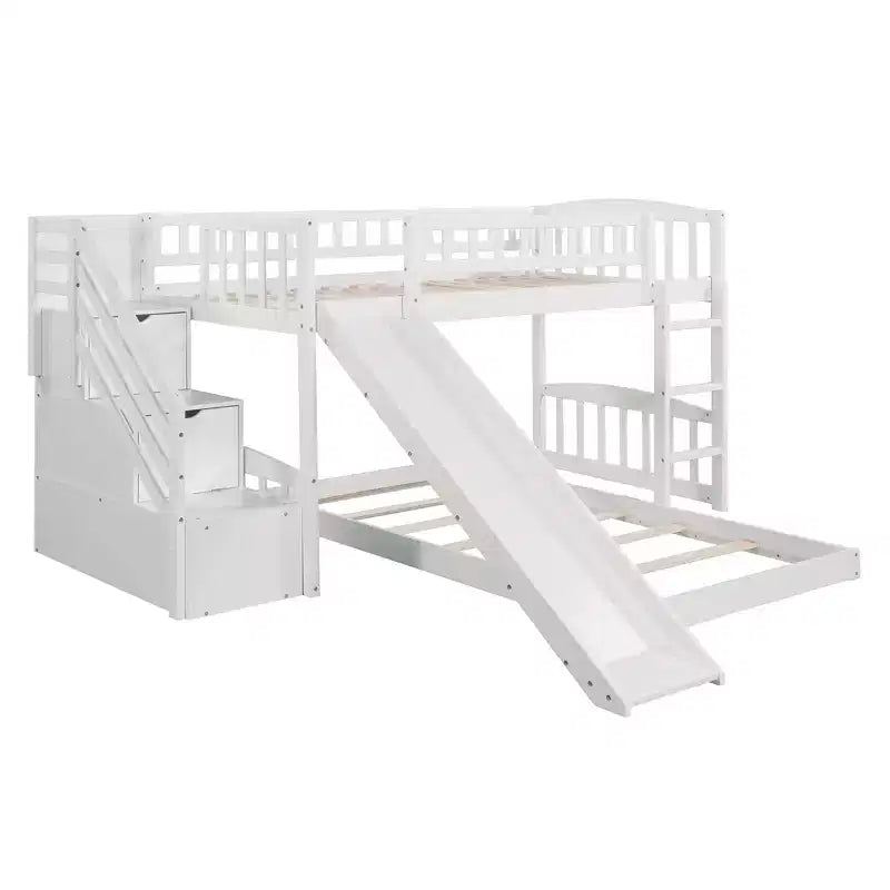 Lit superposé jumeau sur jumeau avec 2 tiroirs, toboggan et escalier de rangement — Blanc/Gris