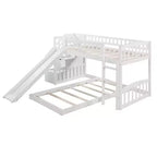 Lit superposé jumeau sur jumeau avec 2 tiroirs, toboggan et escalier de rangement — Blanc/Gris