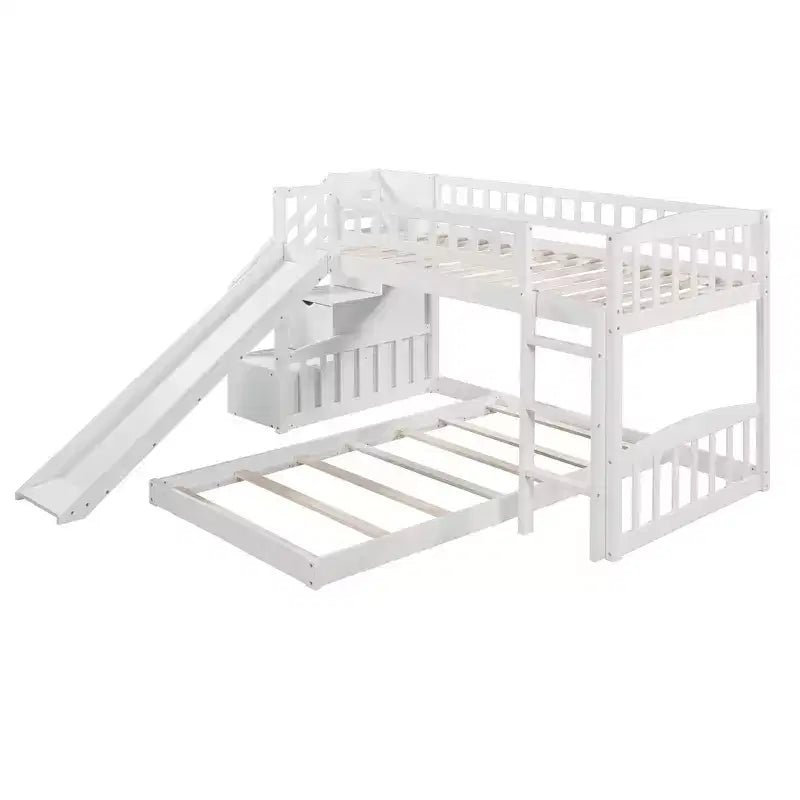 Lit superposé jumeau sur jumeau avec 2 tiroirs, toboggan et escalier de rangement — Blanc/Gris