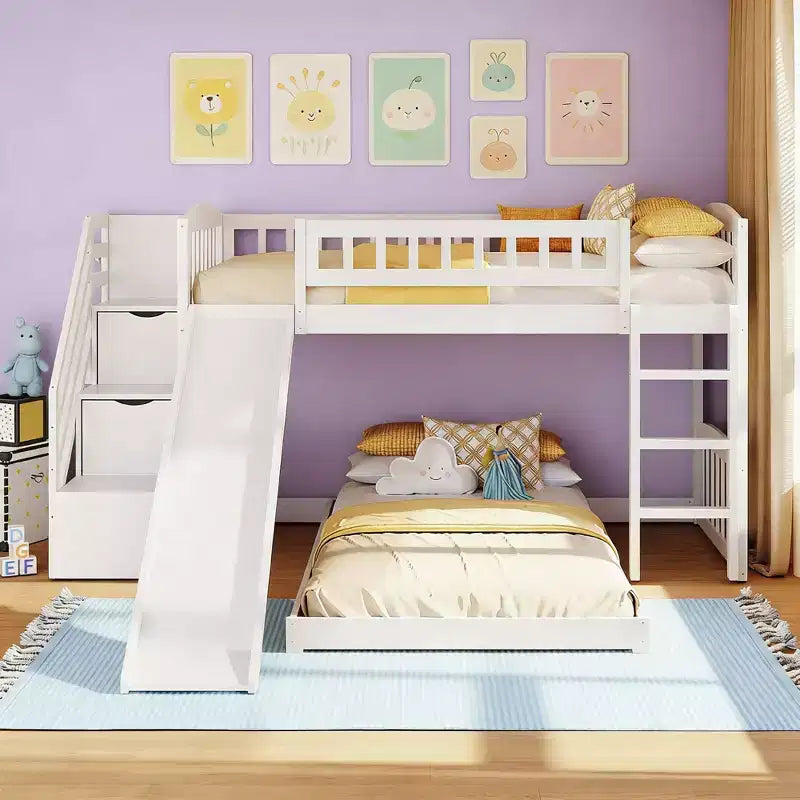 Lit superposé jumeau sur jumeau avec 2 tiroirs, toboggan et escalier de rangement — Blanc/Gris