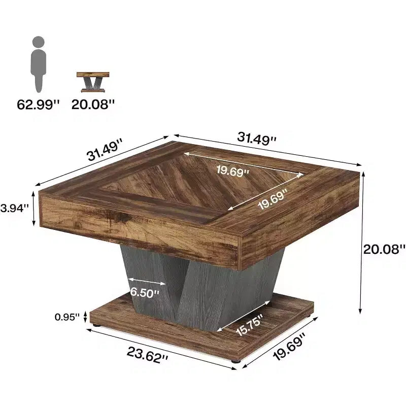 Table basse carrée de 80 cm – Plateau effet bois, base entrecroisée, marron rustique et noir