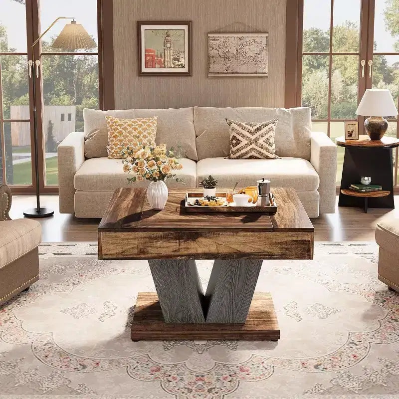 Table basse carrée de 80 cm – Plateau effet bois, base entrecroisée, marron rustique et noir