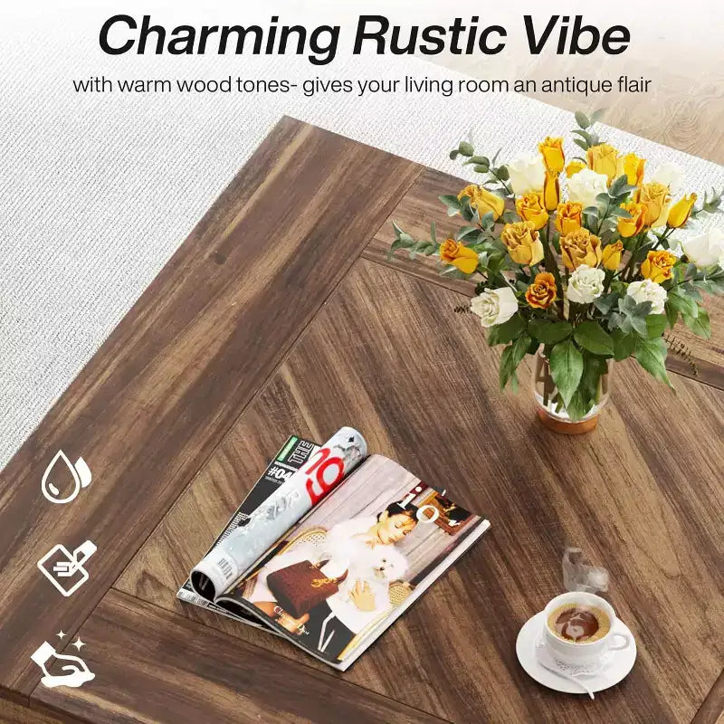 Table basse carrée de 80 cm – Plateau effet bois, base entrecroisée, marron rustique et noir