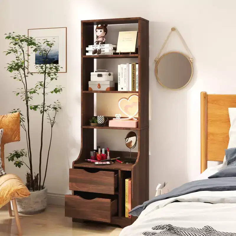 Table de chevet de 45,7 cm de haut avec étagère — 2 tiroirs, 4 niveaux d'étagères ouvertes, finition noyer