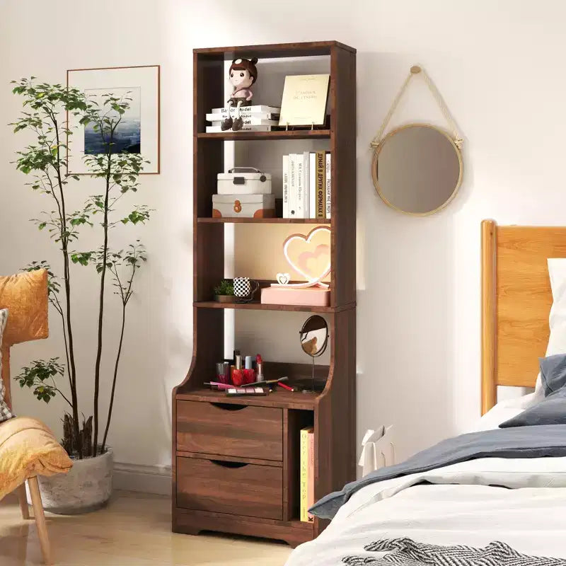 Table de chevet de 45,7 cm de haut avec étagère — 2 tiroirs, 4 niveaux d'étagères ouvertes, finition noyer