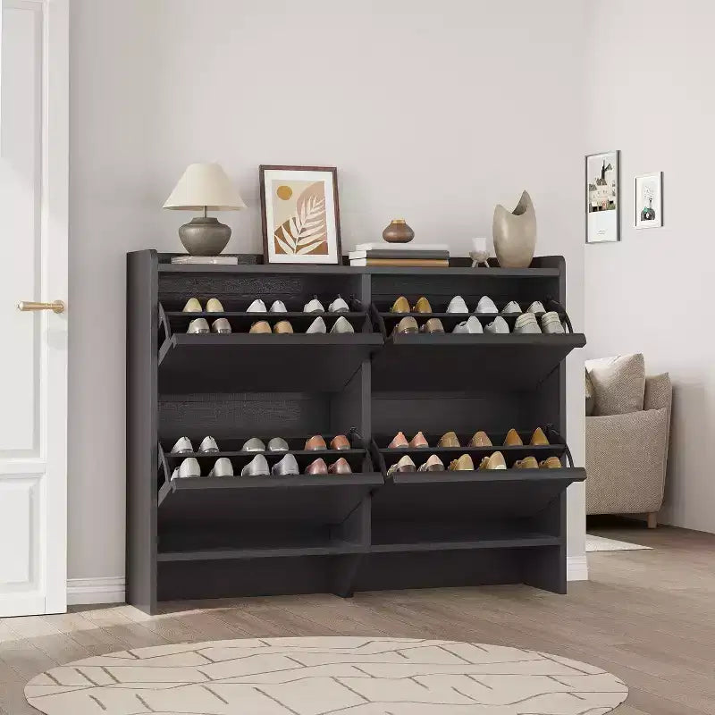 Meuble à chaussures 4 niveaux à tiroirs basculants avec étagère réglable — Peut contenir 24 à 30 paires, gris