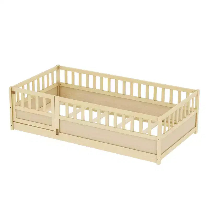 Cadre de lit double au sol pour enfants — Bois de pin, barrière de sécurité extra-haute, 0-6 ans