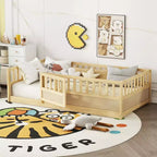 Cadre de lit double au sol pour enfants — Bois de pin, barrière de sécurité extra-haute, 0-6 ans