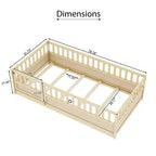Cadre de lit double au sol pour enfants — Bois de pin, barrière de sécurité extra-haute, 0-6 ans