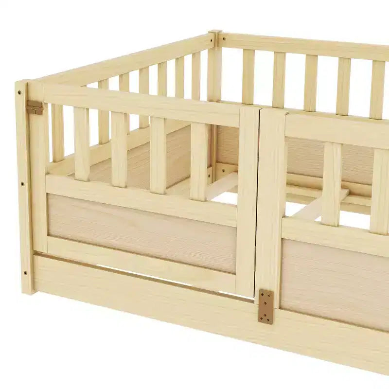 Cadre de lit double au sol pour enfants — Bois de pin, barrière de sécurité extra-haute, 0-6 ans