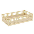 Cadre de lit double au sol pour enfants — Bois de pin, barrière de sécurité extra-haute, 0-6 ans