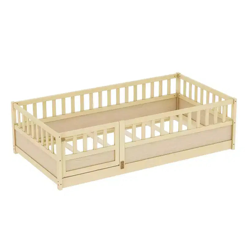 Cadre de lit double au sol pour enfants — Bois de pin, barrière de sécurité extra-haute, 0-6 ans