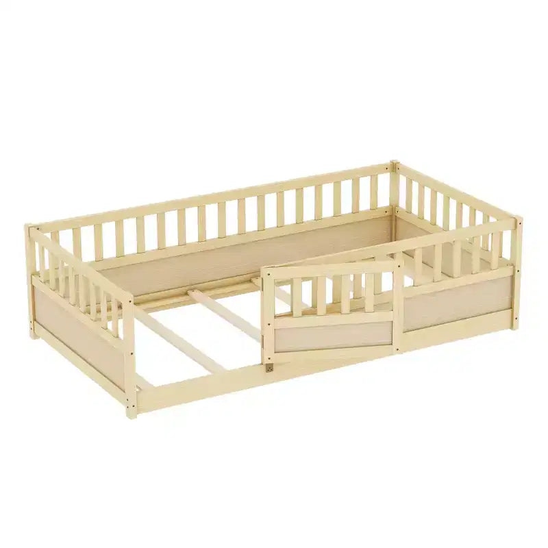 Cadre de lit double au sol pour enfants — Bois de pin, barrière de sécurité extra-haute, 0-6 ans