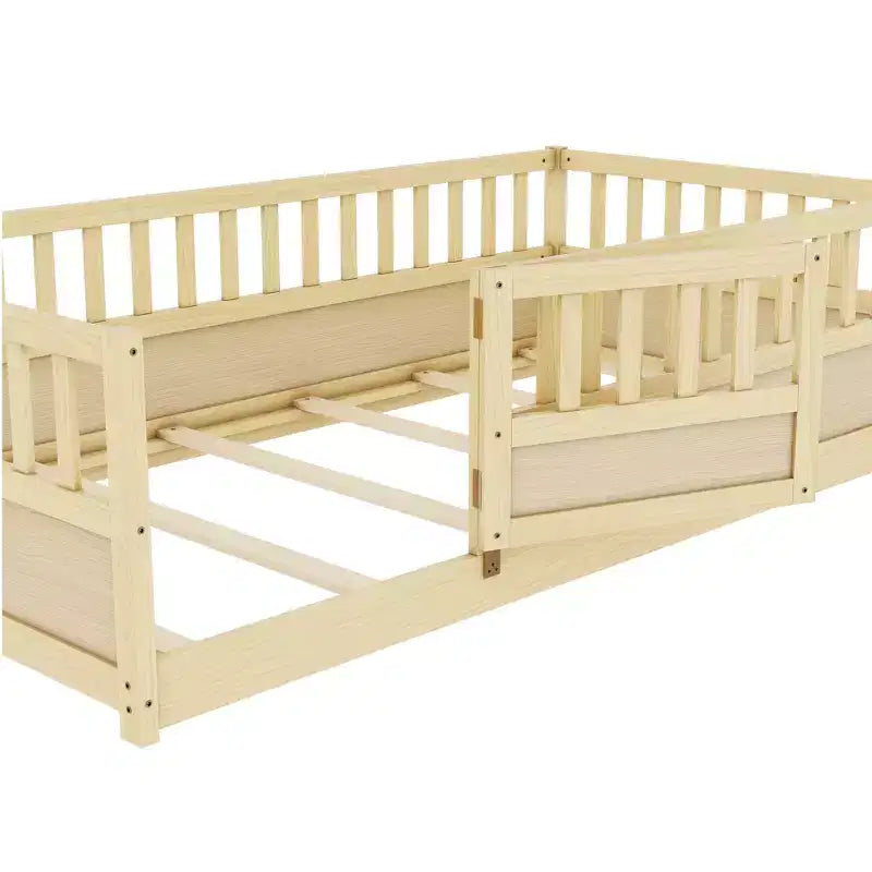 Cadre de lit double au sol pour enfants — Bois de pin, barrière de sécurité extra-haute, 0-6 ans
