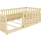 Cadre de lit double au sol pour enfants — Bois de pin, barrière de sécurité extra-haute, 0-6 ans