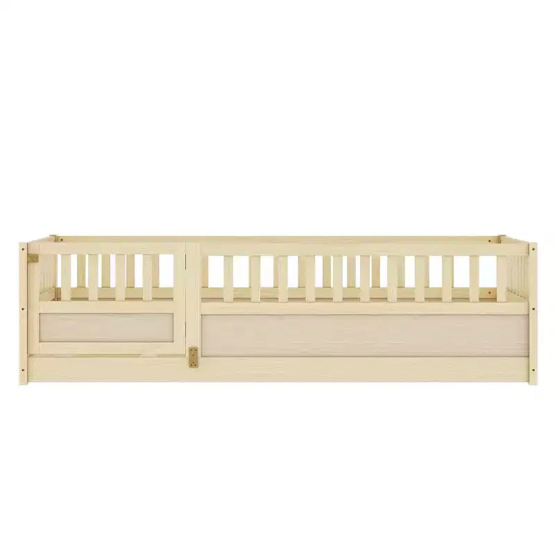 Cadre de lit double au sol pour enfants — Bois de pin, barrière de sécurité extra-haute, 0-6 ans