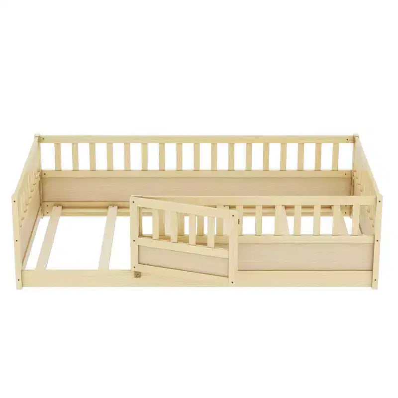 Cadre de lit double au sol pour enfants — Bois de pin, barrière de sécurité extra-haute, 0-6 ans