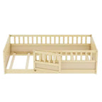 Cadre de lit double au sol pour enfants — Bois de pin, barrière de sécurité extra-haute, 0-6 ans