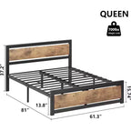 Cadre de lit Queen Size, plateforme de lit queen industrielle avec tête de lit, sommier facile à monter en marron rétro, pas besoin de sommier tapissier