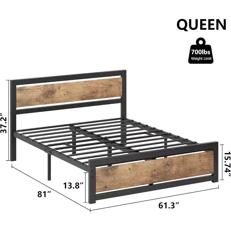 Cadre de lit Queen Size, plateforme de lit queen industrielle avec tête de lit, sommier facile à monter en marron rétro, pas besoin de sommier tapissier