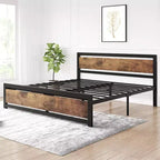 Cadre de lit Queen Size, plateforme de lit queen industrielle avec tête de lit, sommier facile à monter en marron rétro, pas besoin de sommier tapissier