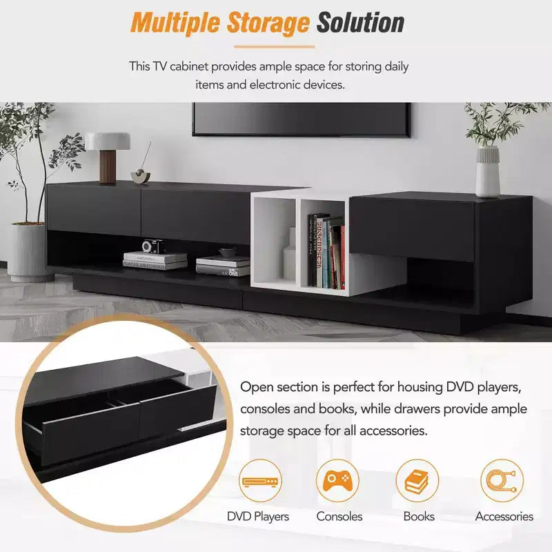 Meuble TV bicolore noir — Console multimédia élégante pour téléviseurs jusqu'à 80", 74,8"L