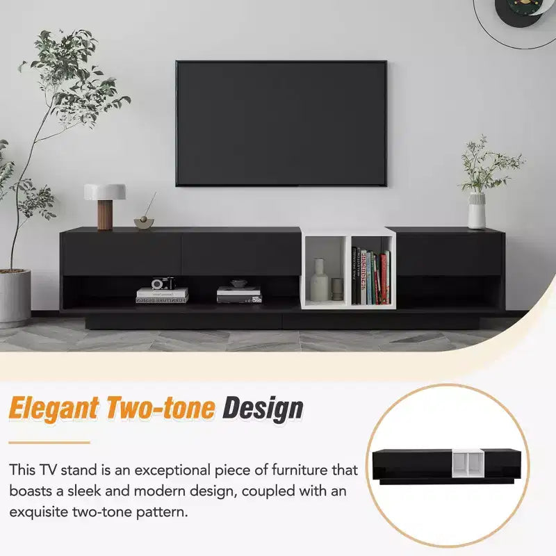 Meuble TV bicolore noir — Console multimédia élégante pour téléviseurs jusqu'à 80", 74,8"L
