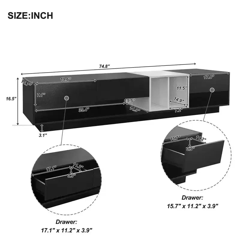 Meuble TV bicolore noir — Console multimédia élégante pour téléviseurs jusqu'à 80", 74,8"L