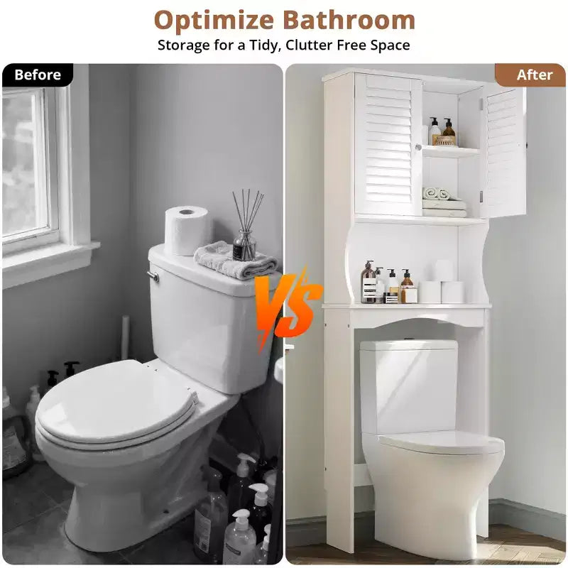 Meuble de salle de bain au-dessus des toilettes — Étagère réglable, Portes persiennées, Anti-basculement, Blanc
