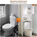 Meuble de salle de bain au-dessus des toilettes — Étagère réglable, Portes persiennées, Anti-basculement, Blanc