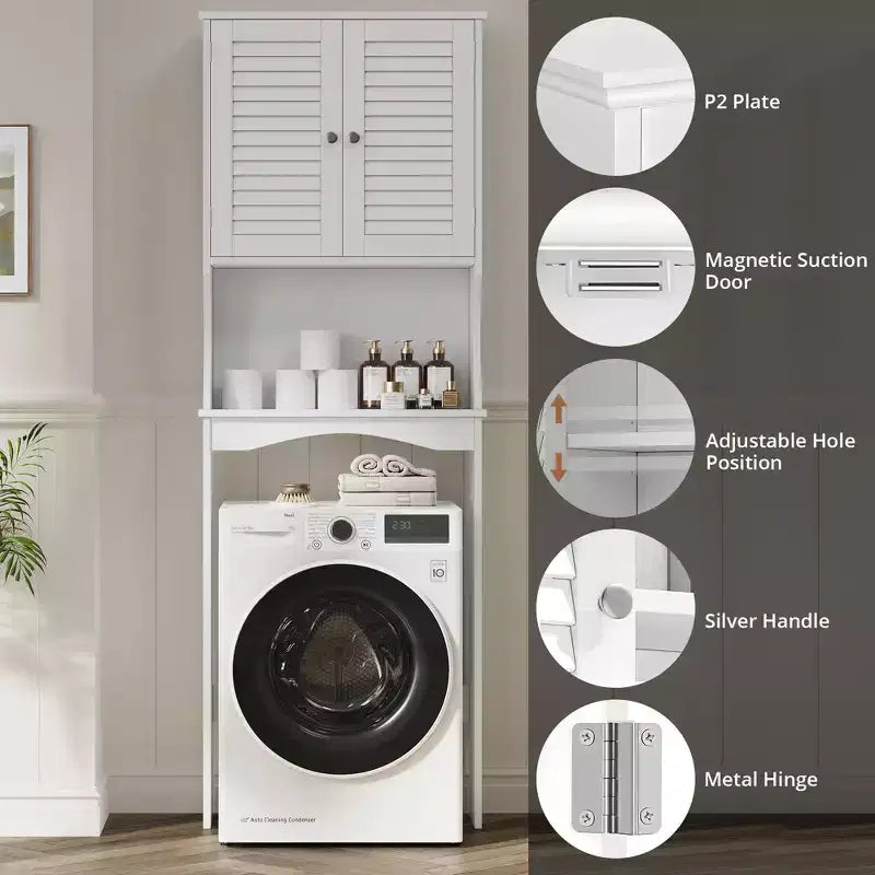 Meuble de salle de bain au-dessus des toilettes — Étagère réglable, Portes persiennées, Anti-basculement, Blanc
