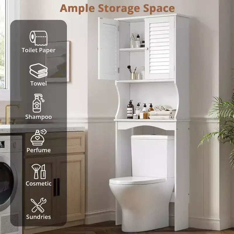 Meuble de salle de bain au-dessus des toilettes — Étagère réglable, Portes persiennées, Anti-basculement, Blanc