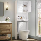 Meuble de salle de bain au-dessus des toilettes — Étagère réglable, Portes persiennées, Anti-basculement, Blanc