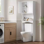 Meuble de salle de bain au-dessus des toilettes — Étagère réglable, Portes persiennées, Anti-basculement, Blanc