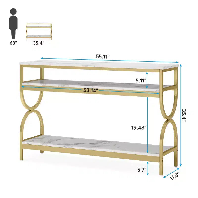 Console 3 niveaux 55" — Plateau imitation marbre, cadre en fer doré, capacité de 450 lb