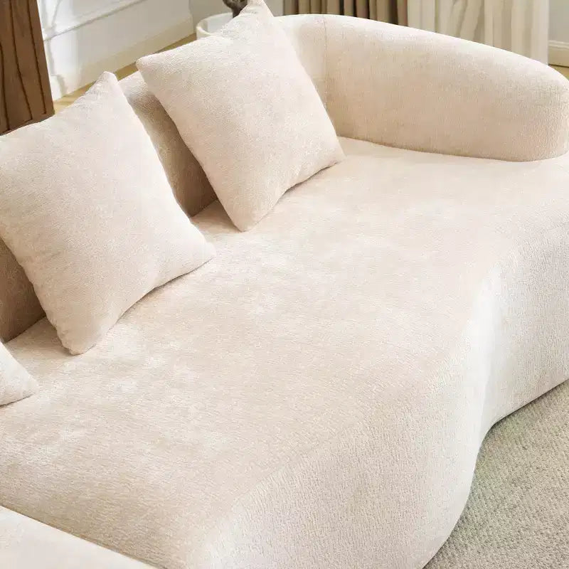 Canapé d'angle en chenille haute densité avec méridienne incurvée — 4 places, 4 coussins