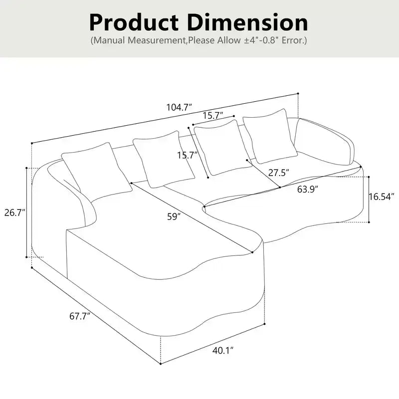 Canapé d'angle en chenille haute densité avec méridienne incurvée — 4 places, 4 coussins