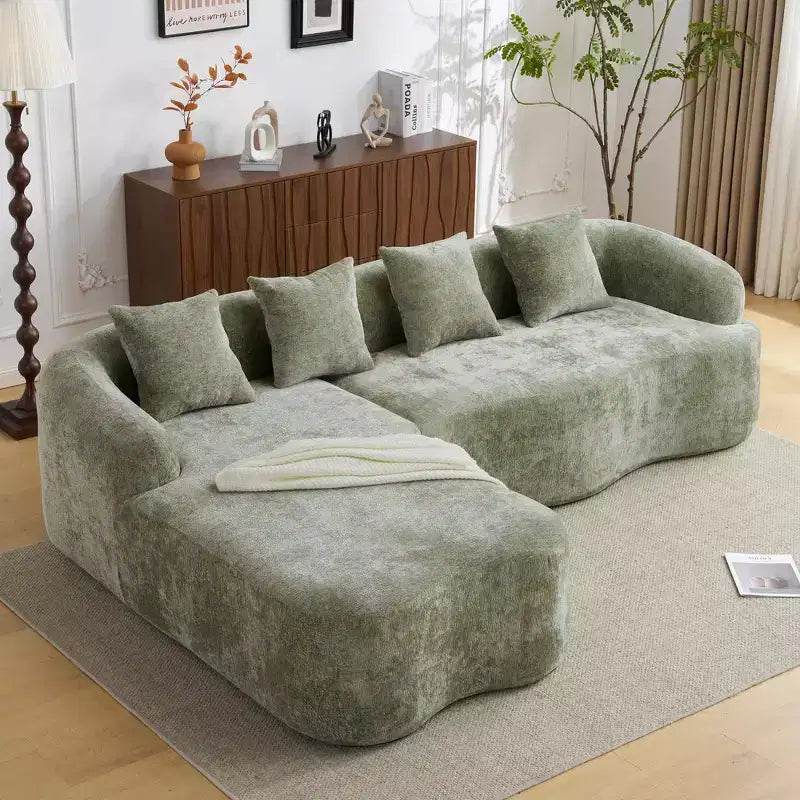 Canapé d'angle en chenille haute densité avec méridienne incurvée — 4 places, 4 coussins
