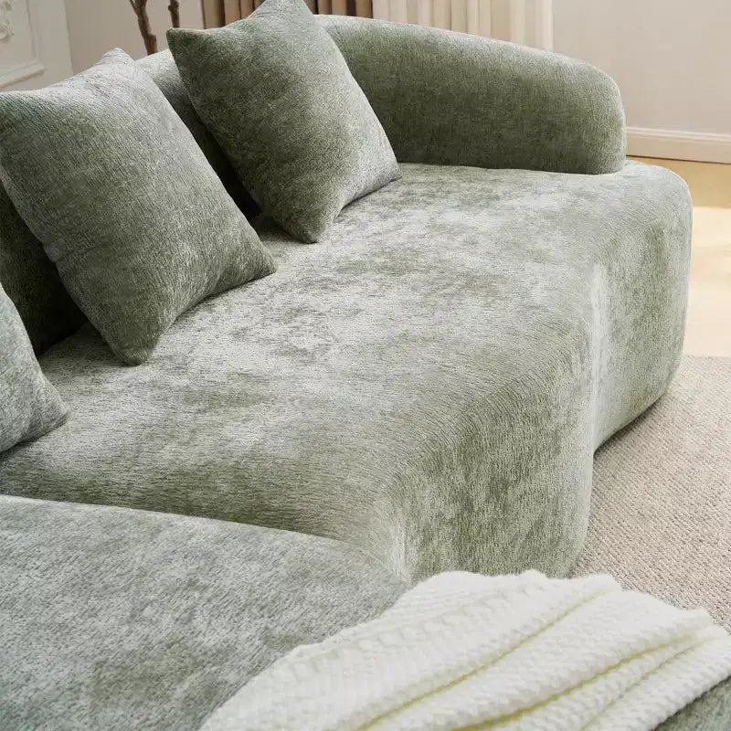 Canapé d'angle en chenille haute densité avec méridienne incurvée — 4 places, 4 coussins