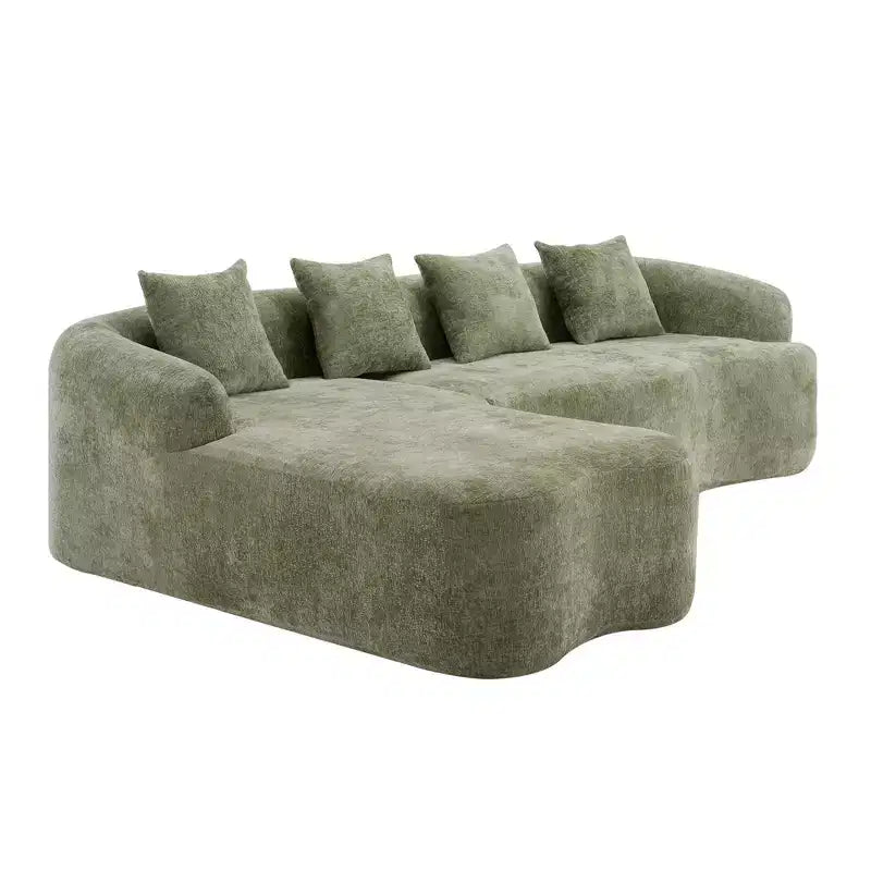Canapé d'angle en chenille haute densité avec méridienne incurvée — 4 places, 4 coussins