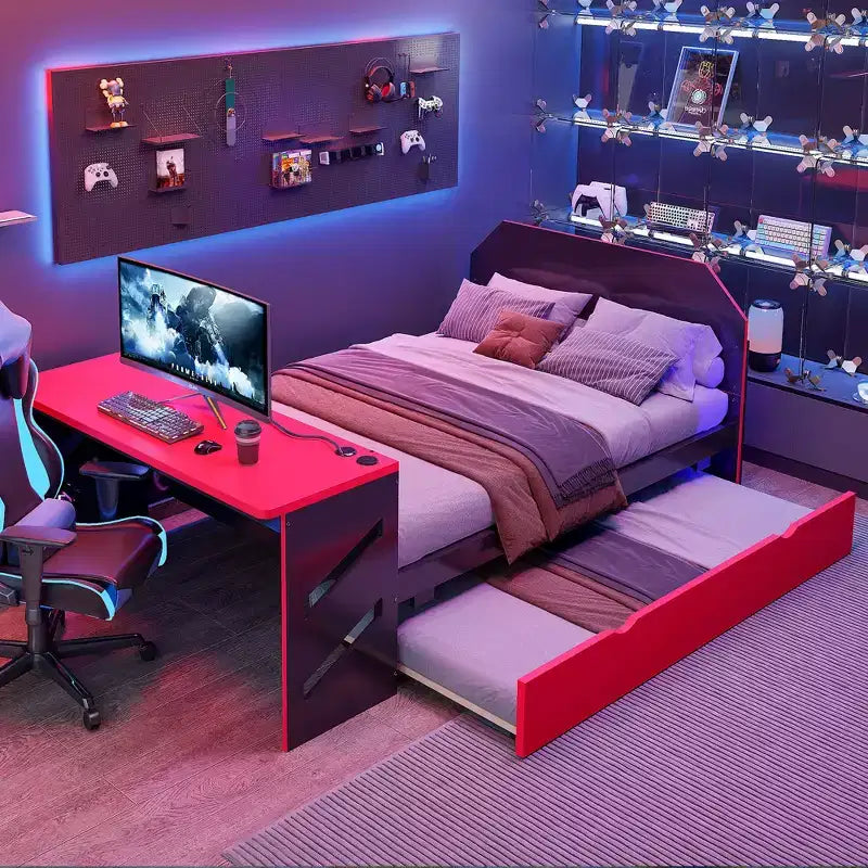 Lit de repos pleine grandeur avec lit gigogne, lit de jeu avec bureau et port USB pour chambres d'étudiants ou chambres d'amis