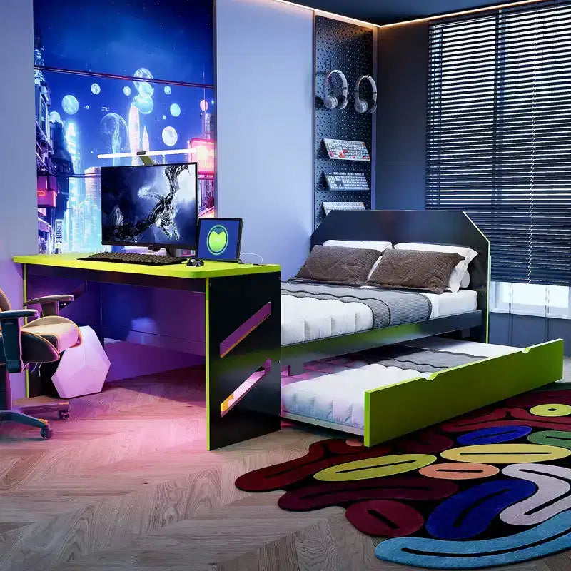 Full Size Daybed with Trundle, Gaming Bed with Desk and USB Port for Student Dorms Guest Rooms