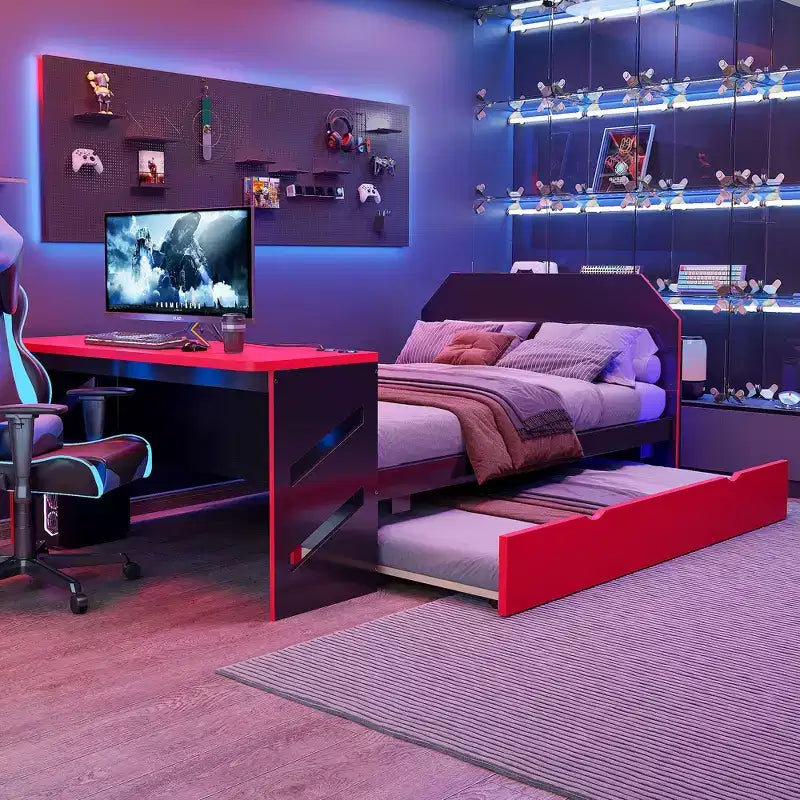 Lit de repos pleine grandeur avec lit gigogne, lit de jeu avec bureau et port USB pour chambres d'étudiants ou chambres d'amis