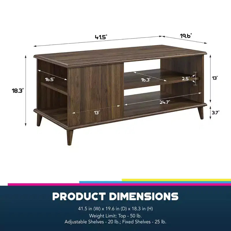Table basse rectangulaire esprit Mid-Century – Cadre en MDF, étagère ouverte, marron